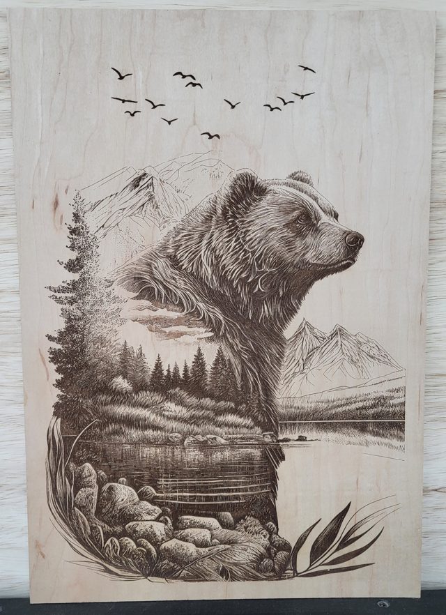Bear in the Mountains, handmade wood piece by Silverado Wood Craft