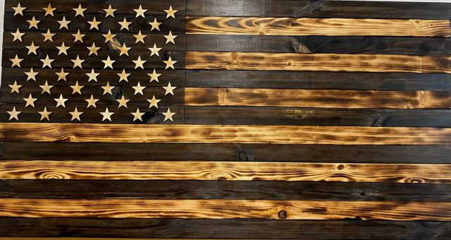 Black & Tan American Flag, handmade wood piece by Silverado Wood Craft