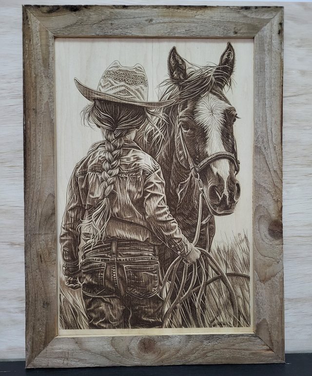 Cowgirl with a Horse, handmade wood piece by Silverado Wood Craft