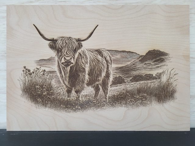 Highland Cow on the Farm, handmade wood piece by Silverado Wood Craft