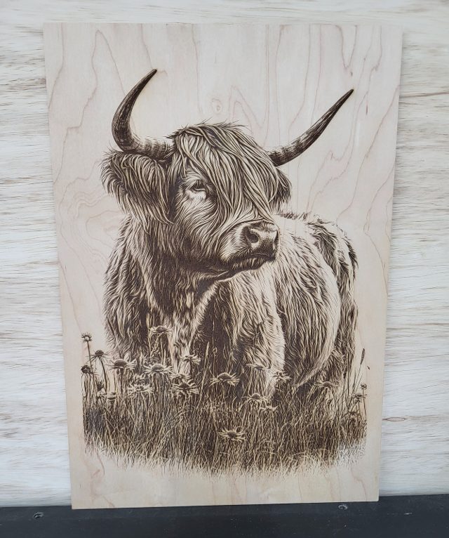 Highland Cow in a Wildflower Field, handmade wood piece by Silverado Wood Craft