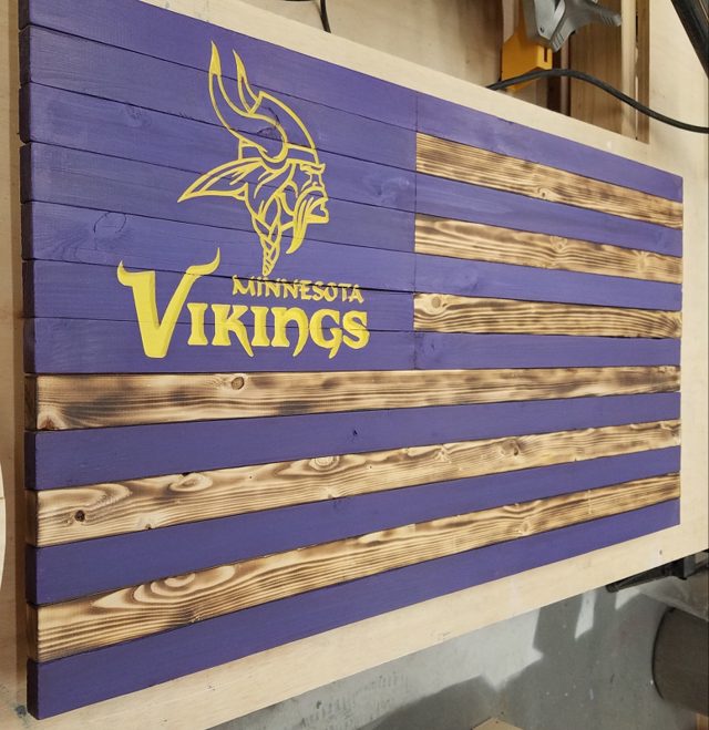 Large Vikings Flag, handmade wood piece by Silverado Wood Craft