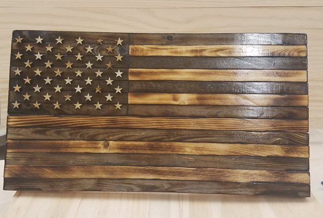 Small Black & Tan Desk Flag, handmade wood piece by Silverado Wood Craft