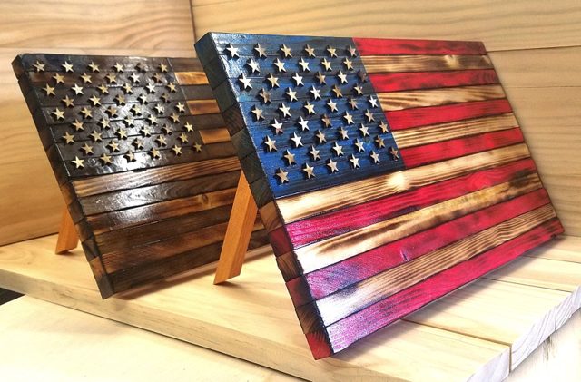 Small Black & Tan Desk Flag, handmade wood piece by Silverado Wood Craft