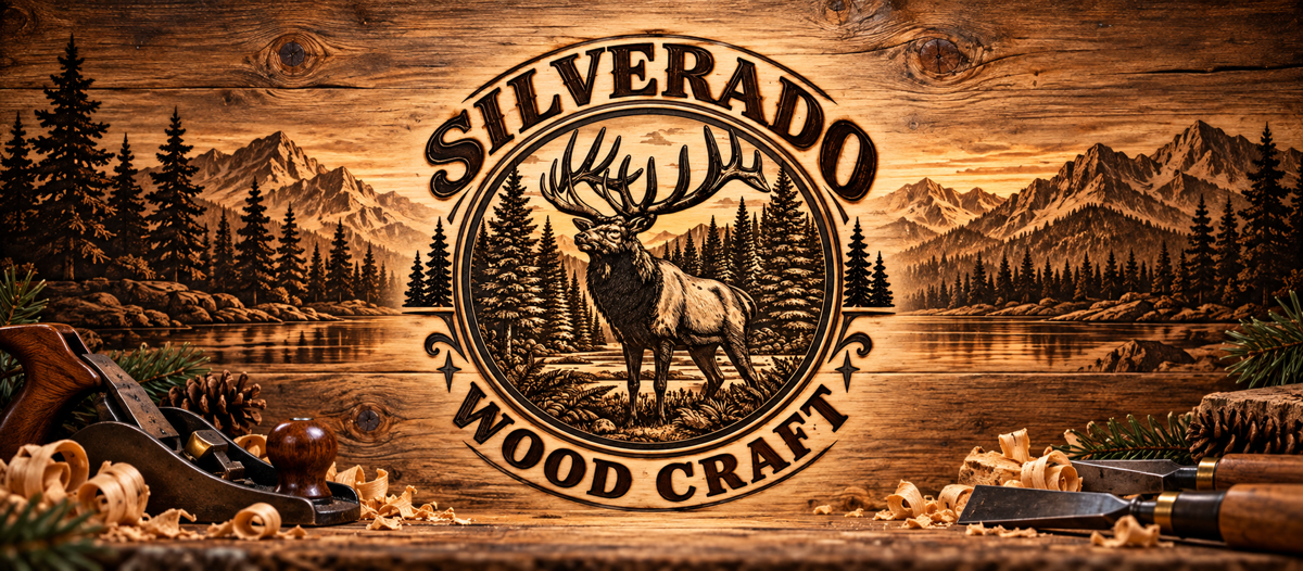 Silverado Wood Craft elk logo burned into rustic wood, framed by Montana mountains, pine forest, a lake, and woodworking tools